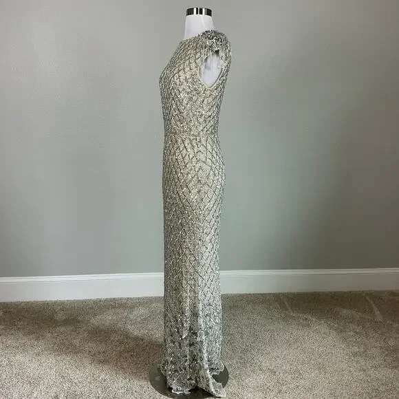 Mac Duggal Crystal Fringed Sequined Column Gown Silver and Gold Size 6 Dress - Picture 6 of 12